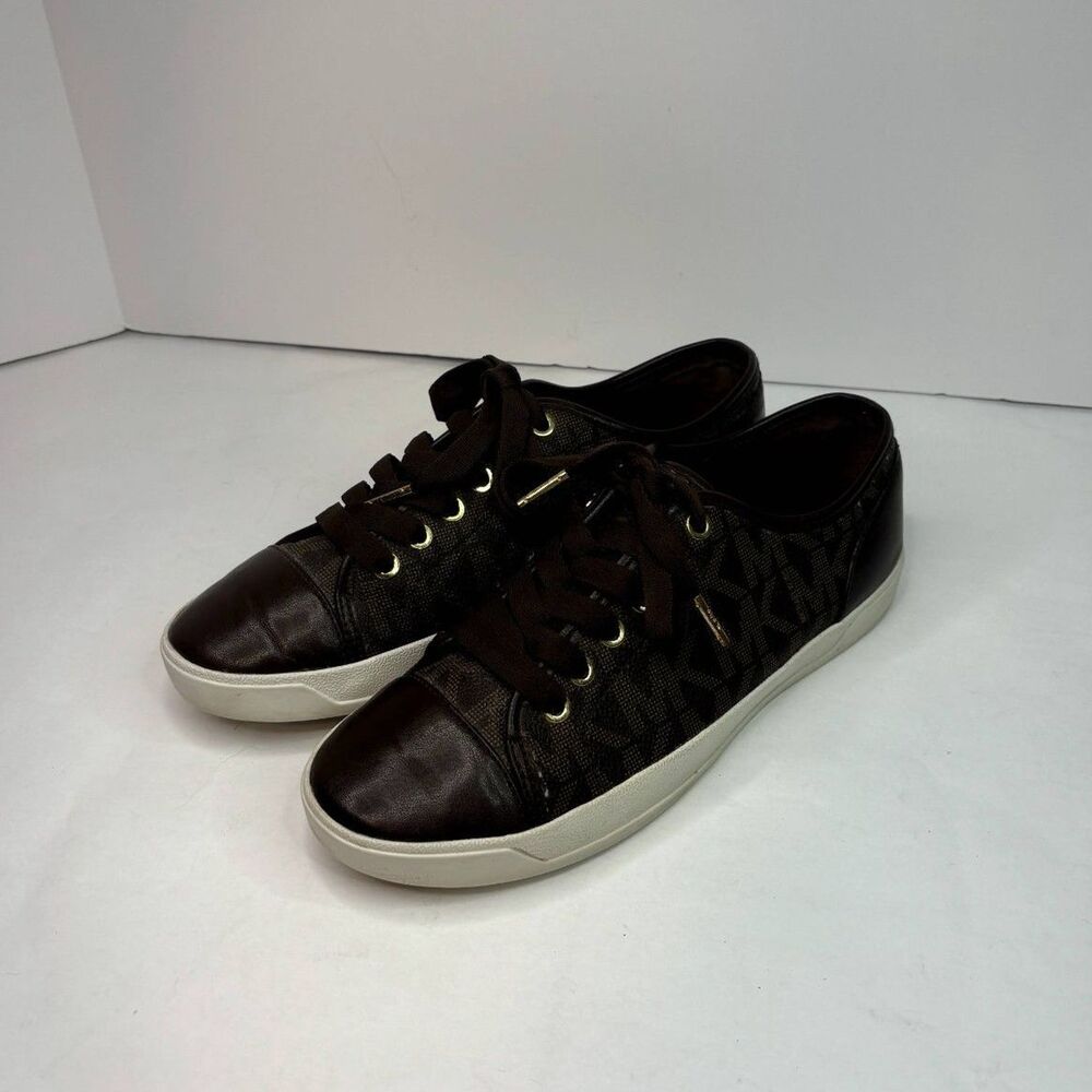 Michael Kors Signature Monogram Brown Leather Fashion Sneakers Womens Gold